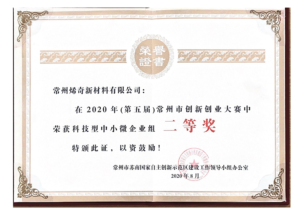 2020年常州市創(chuàng)新創(chuàng)業(yè)大賽二等獎(jiǎng)——證書(shū)